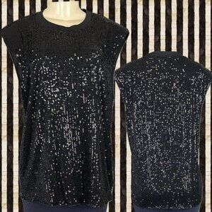 Timing L Black Sequin Crew Knit Neckline Padded Shoulders Sleeveless Tank Blouse